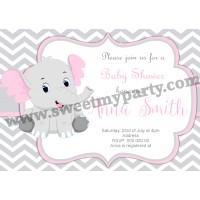 Pink and Grey Elephant Baby Shower Invitation,(9ebb)